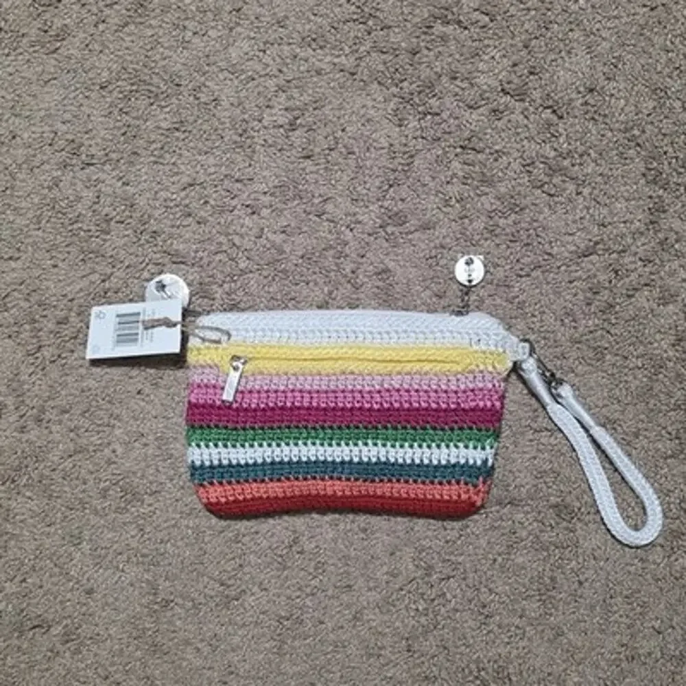 The Sak Crochet Craze Wristlet Clutch Multicolor Stripe Beach Coastal Boho NEW